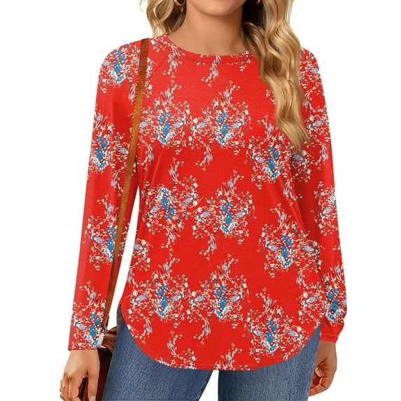 TQWQT Womens Tops Plus Size Dressy Fall Crewneck T Shirts Floral Graphic T-Shirt Long Sleeve Tunic Tops Loose Fit Casual Outfits for Women Red 3XL