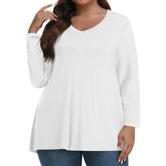 TQWQT Womens Tops Plus Size Dressy Fall V Neck T Shirts Solid Color T-Shirt Long Sleeve Tee Shirt Tops Dressy Casual Clothes for Women White 2XL