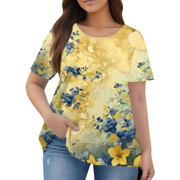 TQWQT Womens Tops Plus Size Dressy Summer Crew Neck T Shirts Floral Graphic T-Shirt Short Sleeve Tunic Tops Loose Casual Blouses Yellow XL