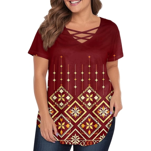 TQWQT Womens Tops Plus Size Sexy Summer V Neck Criss Cross Tshirts Aztec Graphic T-Shirt Short Sleeve Tunics Shirts Loose Casual Tunic Tops Wine L