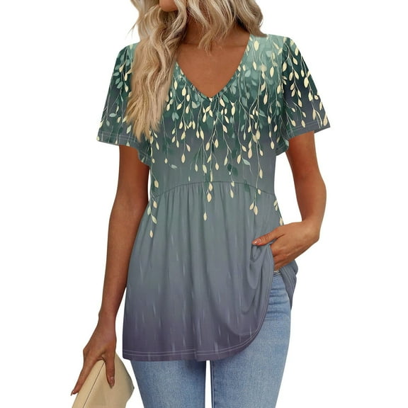 TQWQT Womens Tops Plus Size V-Neck Peplum Short Sleeve Tunic Top Floral Print Flowy T-Shirts Puff Sleeves Blouse Beach Vacation Clothes Green XL