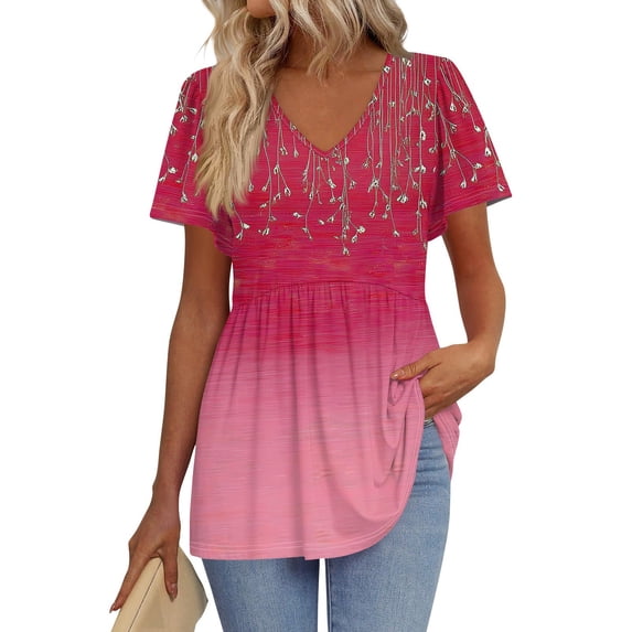 TQWQT Womens Tops Short Sleeve Babydoll V-Neck Tunic Top Dressy Cute Shirts Floral Peplum Tops Beach Vacation Clothes Hot Pink M