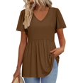 thumbnail image 1 of TQWQT Womens Tops Summer Casual V Neck Peplum Short Sleeve Tunic Top Solid Color Puff Sleeve Shirts Puff Sleeves Blouse Beach Vacation Clothes Coffee 2XL, 1 of 5