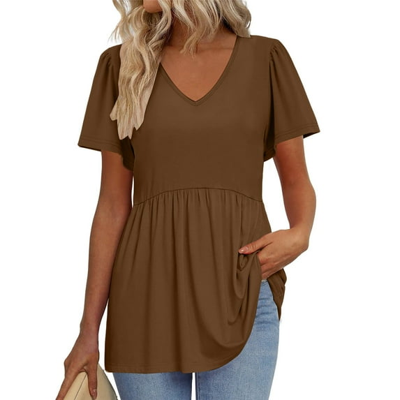 TQWQT Womens Tops Summer Casual V Neck Peplum Short Sleeve Tunic Top Solid Color Puff Sleeve Shirts Puff Sleeves Blouse Beach Vacation Clothes Coffee 2XL