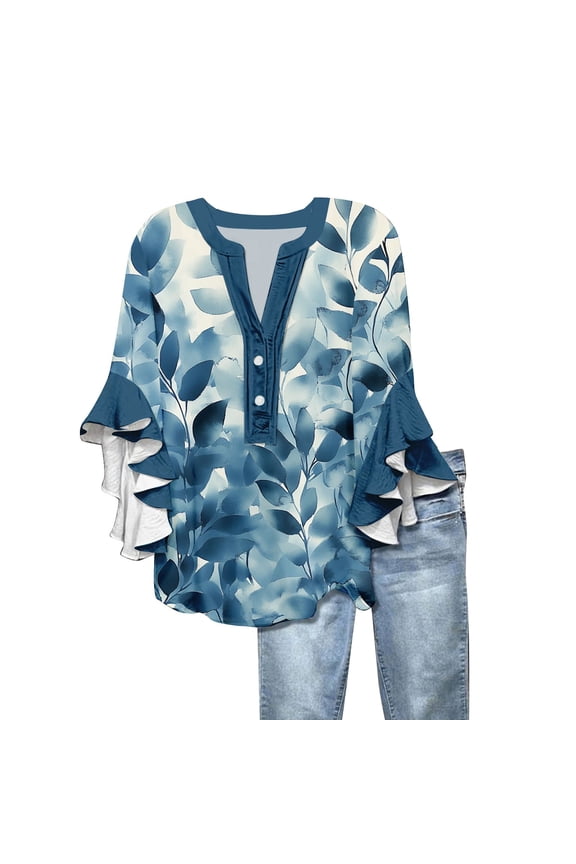 Womens Tops Summer Loose Ruffle 3/4 Length Sleeve Plus Size Tops Button Down V-Neck Shirts Floral Petite Blouse Spring Clothes Blue L