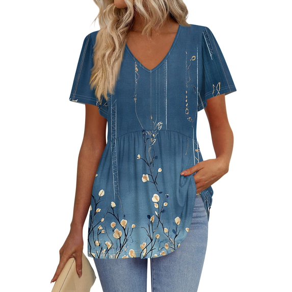 TQWQT Womens Tops V-Neck Short Sleeve Peplum Shirts Loose Puff Sleeve Floral Blouse Casual Tunic Top Beach Vacation Clothes Blue M