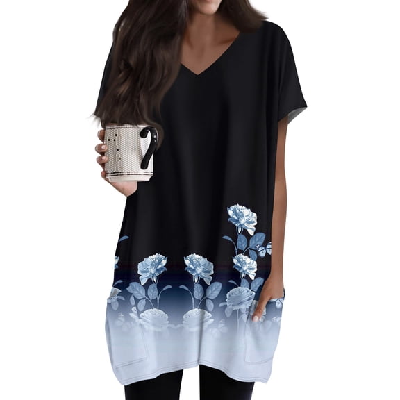 TQWQT Womens Tunic Tops with Pockets Long Shirts for Legging Plus Size Ethnic Floral T-Shirt V Neck Short Sleeve Oversized Women Clothes Summer Tops