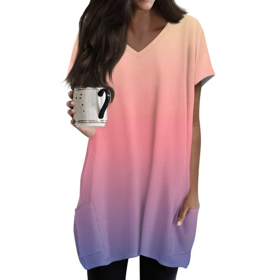 TQWQT Womens Tunics or Tops to Wear with Leggings Long Shirts Plus Size Short Sleeve Oversized Shirt Summer V-Neck T-Shirts Gradient Print Long Tops