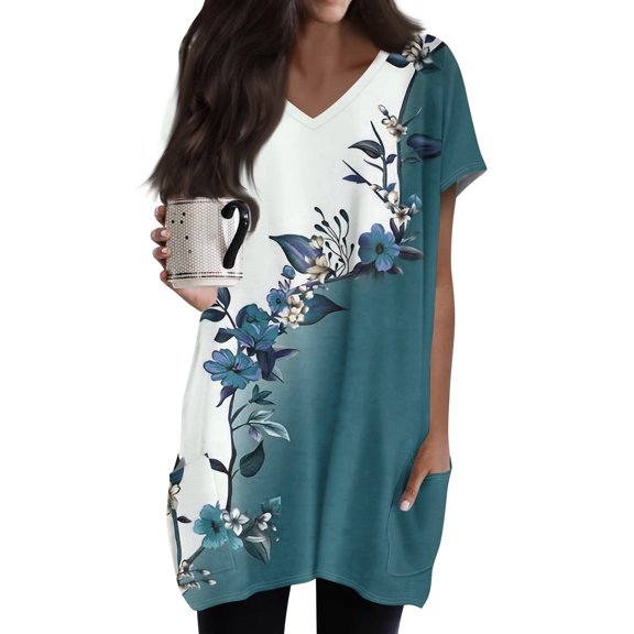 TQWQT Womens Tunics or Tops to Wear with Leggings Long Shirts Short Sleeve Plus Size Shirt Oversized V Neck T Shirts Ethnic Floral Print Long Tops