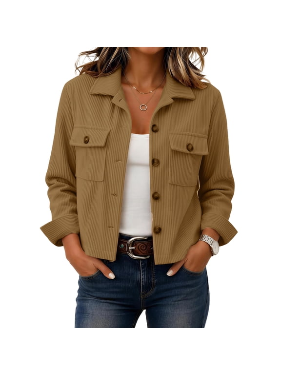 Womens Vertical Ribbed Lapel Cropped Shirt Jacket Single Breasted Shacket with Dual Chest Pockets Long Sleeve Corduroy Texture Casual Outerwear for Spring Fall Beige M