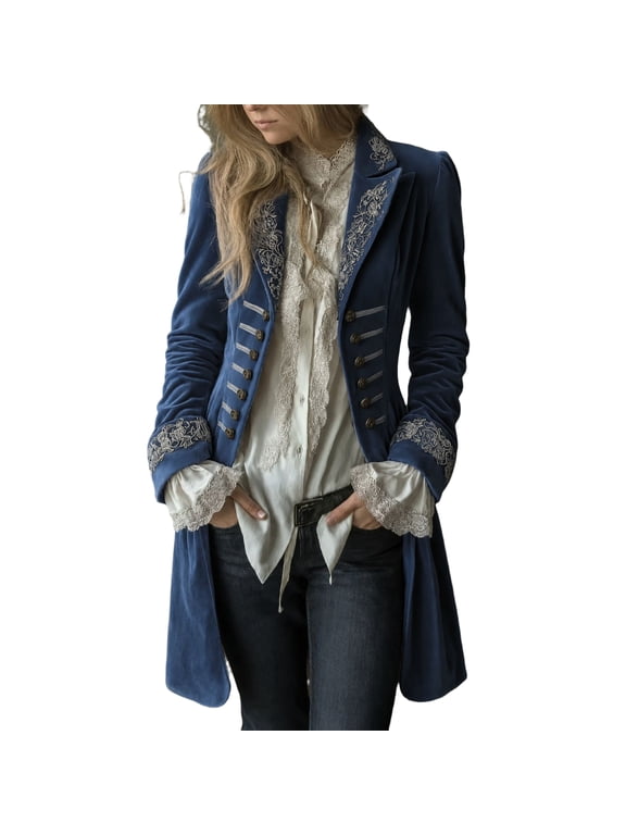 Womens Vintage Victorian Velvet Tailcoat Embroidered Lapel Double Breasted Long Medieval Gothic Trench Coat Halloween Cosplay Party Stage Costume Outerwear Blue S