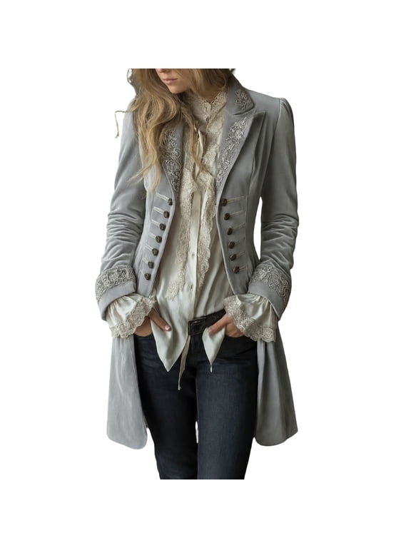 Womens Vintage Victorian Velvet Tailcoat Embroidered Lapel Double Breasted Long Medieval Gothic Trench Coat Halloween Cosplay Party Stage Costume Outerwear Gray S