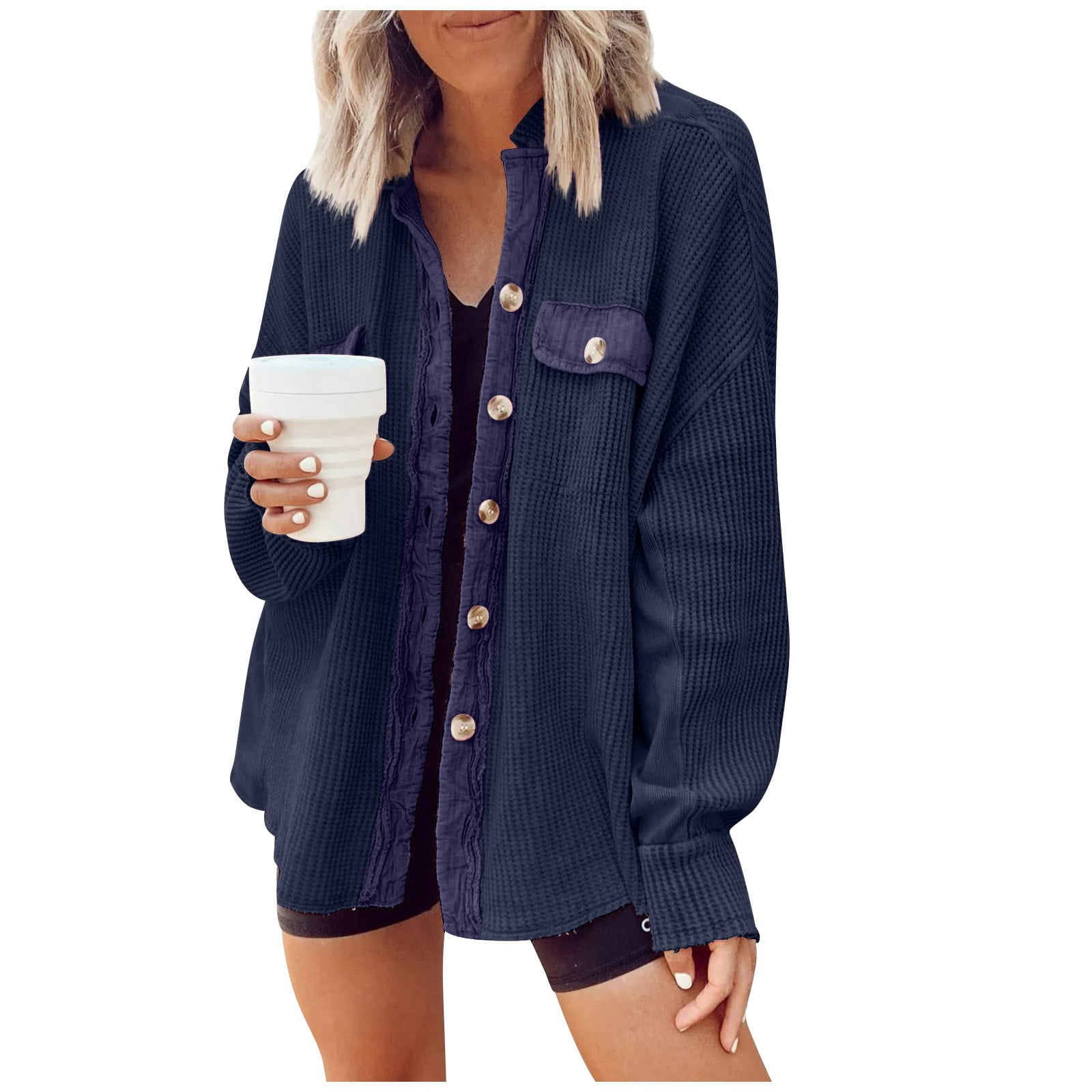 TQWQT Womens Waffle Knit Shacket Boyfriend Shirt Jacket Button Down