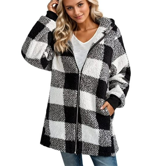 TQWQT Plaid Jackets for Women Plaid Sherpa Fleece Jacket Hooded Cardigan Loose Fuzzy Coats Winter Warm Zipper Sweaters with Hood Black 5XL