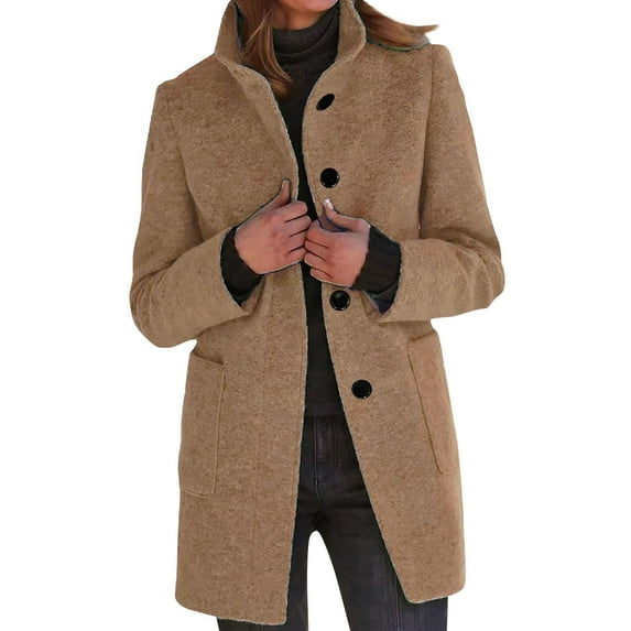 TQWQT Womens Wool Pea Coats Winter Wool Blend Black Pea Coats Single Breasted Trench Coat Long Plus Size Stand Collar Peacoat Blazer Jacket Camel 5XL