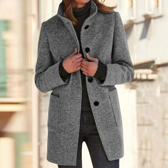 TQWQT Wool Blend Pea Coats for Women Winter Wool Dress Coat Single Breasted Trench Coat Plus Size Black Dress Coat Stand Collar Peacoat Blazer Jacket Light Gray M
