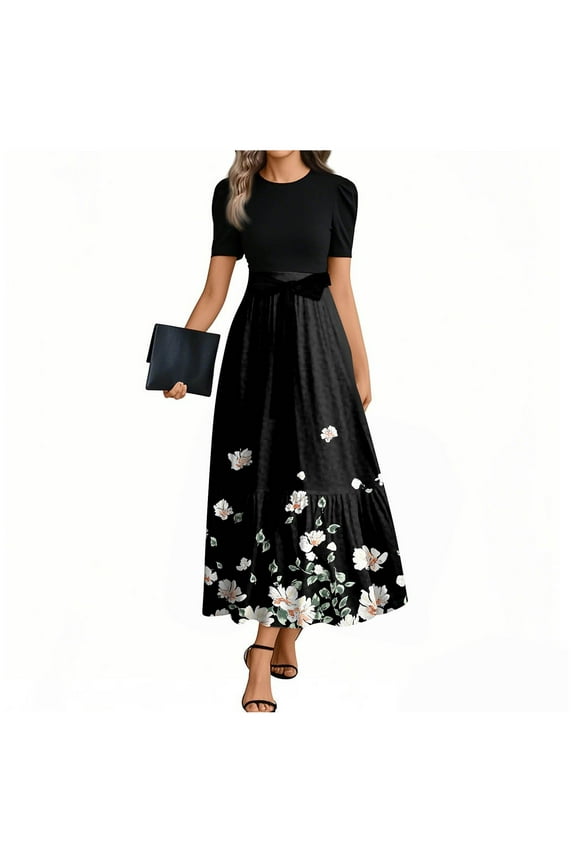 TQWQT Work Dresses for Women 2025 Short Sleeve Teacher Dress Floral Print Long Maxi Dresses Empire Waist Modest Patchwork Ruffle Hem A Line Dresses Wedding Guest Business Casual Outfits Black 2XL
