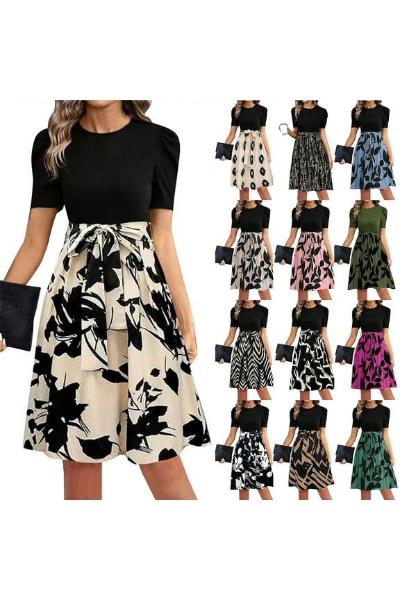 TQWQT Work Dresses for Women 2025 Short Sleeve Teacher Dress Trendy Maxi Dresses Floral Print Empire Waist Modest Patchwork Ruffle Hem A Line Dresses Elegant Business Casual Outfits