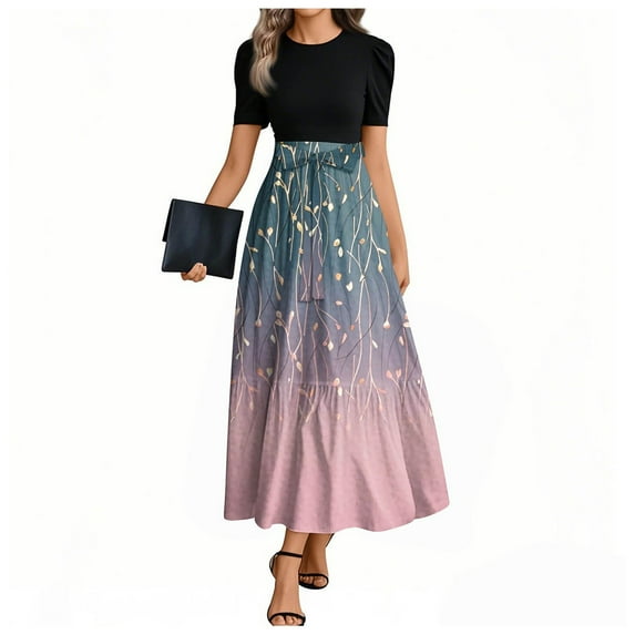 TQWQT Work Dresses for Women 2025 Short Sleeve Floral Print Flowy Maxi Dresses Long Casual Patchwork Ruffle Hem A Line Dresses Fashion Teacher Clothes Multicolor M