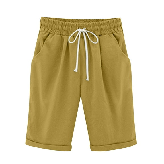 TQWQT Yellow Shorts Women Dressy Casual Cotton Shorts Knee Length Drawstring Waisted Ladies Shorts Trendy Summer Long Shorts with Pockets Yellow 6XL