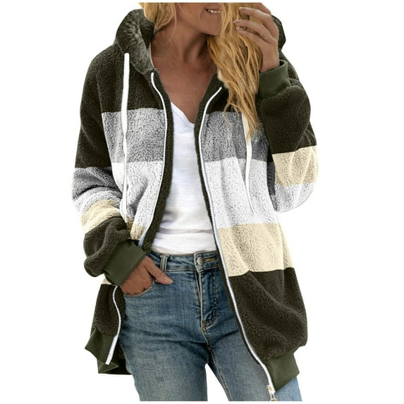 TQWQT Zip Up Hoodie for Women, Autumn Winter Outwear Women Fleece Hooded Coats Warm Female Patchwork Zip-Up Plush Jackets Dark Gray M