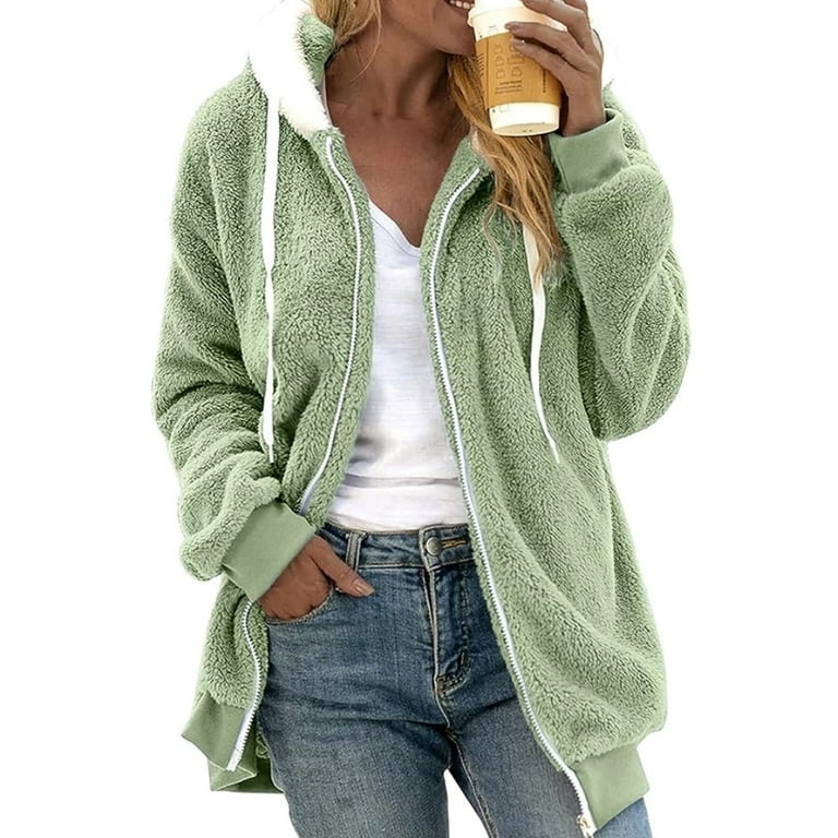 TQWQT Zip Up Hoodie for Women, Faux Fur Sherpa Coat Fashion Oversized  Fluffy Sweatshirt Full Zip Up Plush Hoodie Mint Green XL