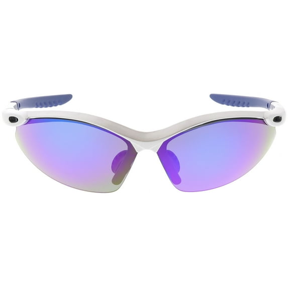TR-90 Semi Rimless Sports Wrap Sunglasses Ribbed Arms Mirrored Lens 74mm (Grey / Blue Purple Mirror)