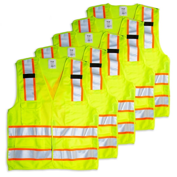TR Industrial 5-Point Breakaway High Visibility Safety Vest, Type R Class 2, Size M, 5-Pack