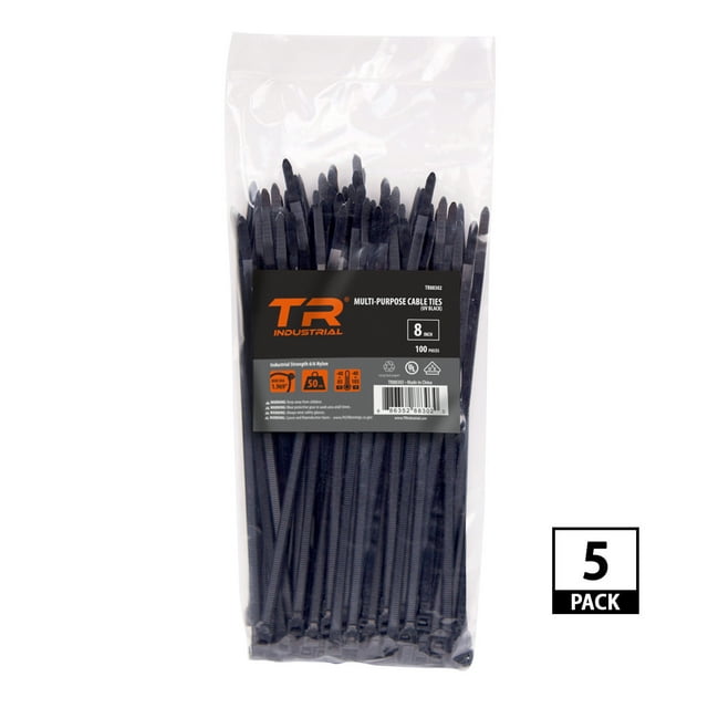 TR Industrial MultiPurpose UV Resistant Black Cable Ties, 8", 500pk