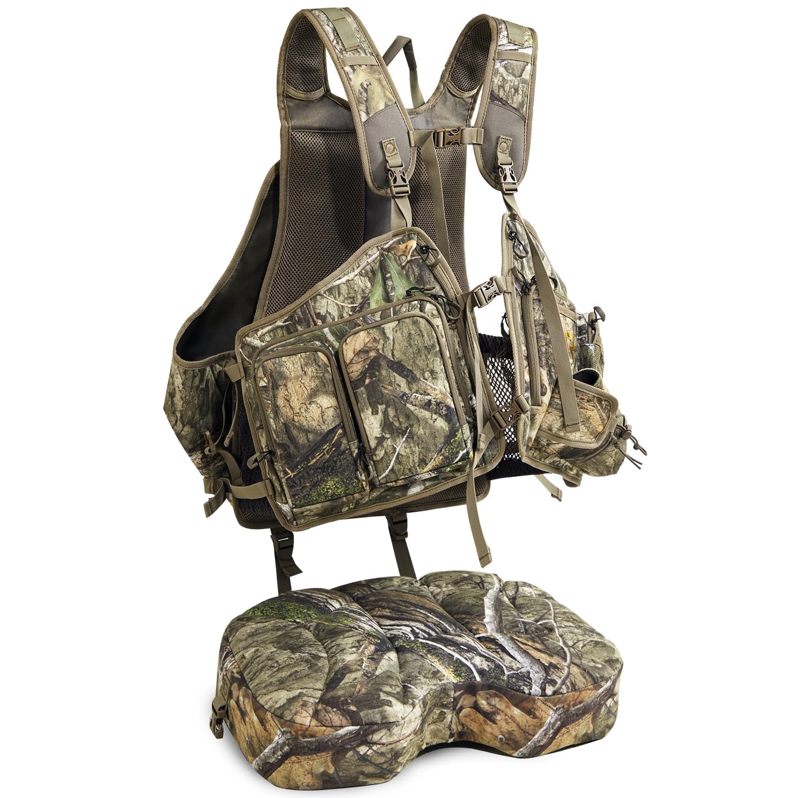 TR Turkey Vest with Seat,Turkey Hunting Vest Lightweight Run & Gun with Game Pouch, Multi-Pocket Hunting Vest with Thick Seat, for Mobile Hunters Men Women Camo