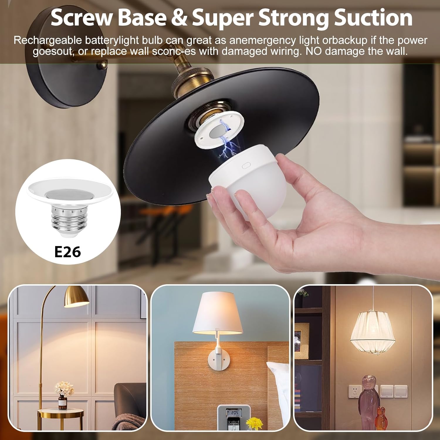 TRA-2 Pack E26 Rechargeable LED Light Bulbs, 15 Color Dimmable with Remote, Magnetic Base & USB-C Charging, Battery Operated Light Bulb for Non-Hardwired Wall Sconce, Emergency & Indoor Use