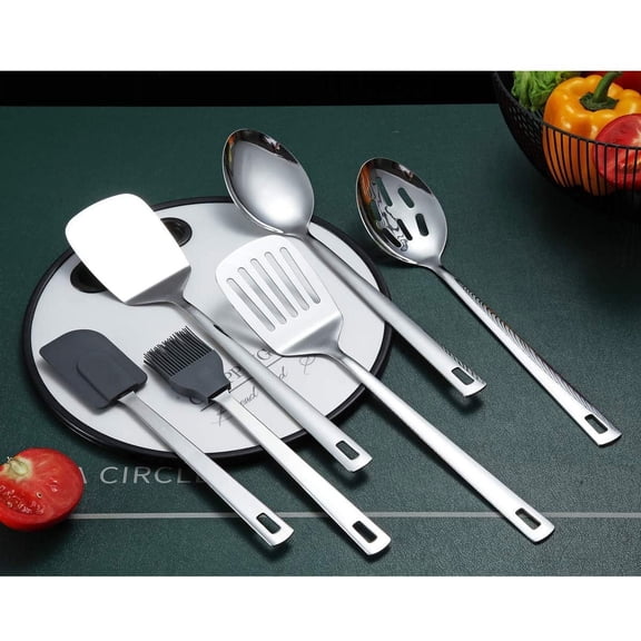 TRA-Cooking Spoon, 6 Pieces Spatula Set Stainless Steel, Metal Spatula, Serving Spoon, Kitchen Tools Set Non-Stick And Heat Resistant, Dishwasher Safe, Easy to Clean (6 Packs)