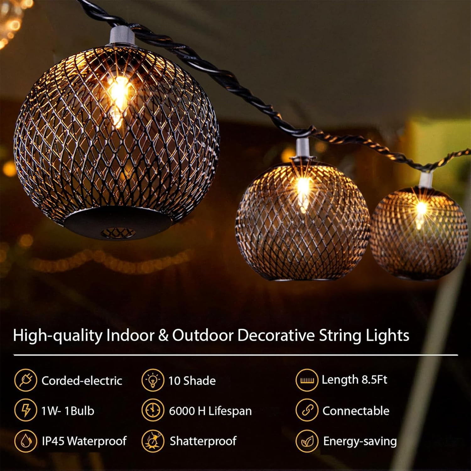 TRA-Decorative Lantern String Lights Plug in with 10 Black Metal Ball ...