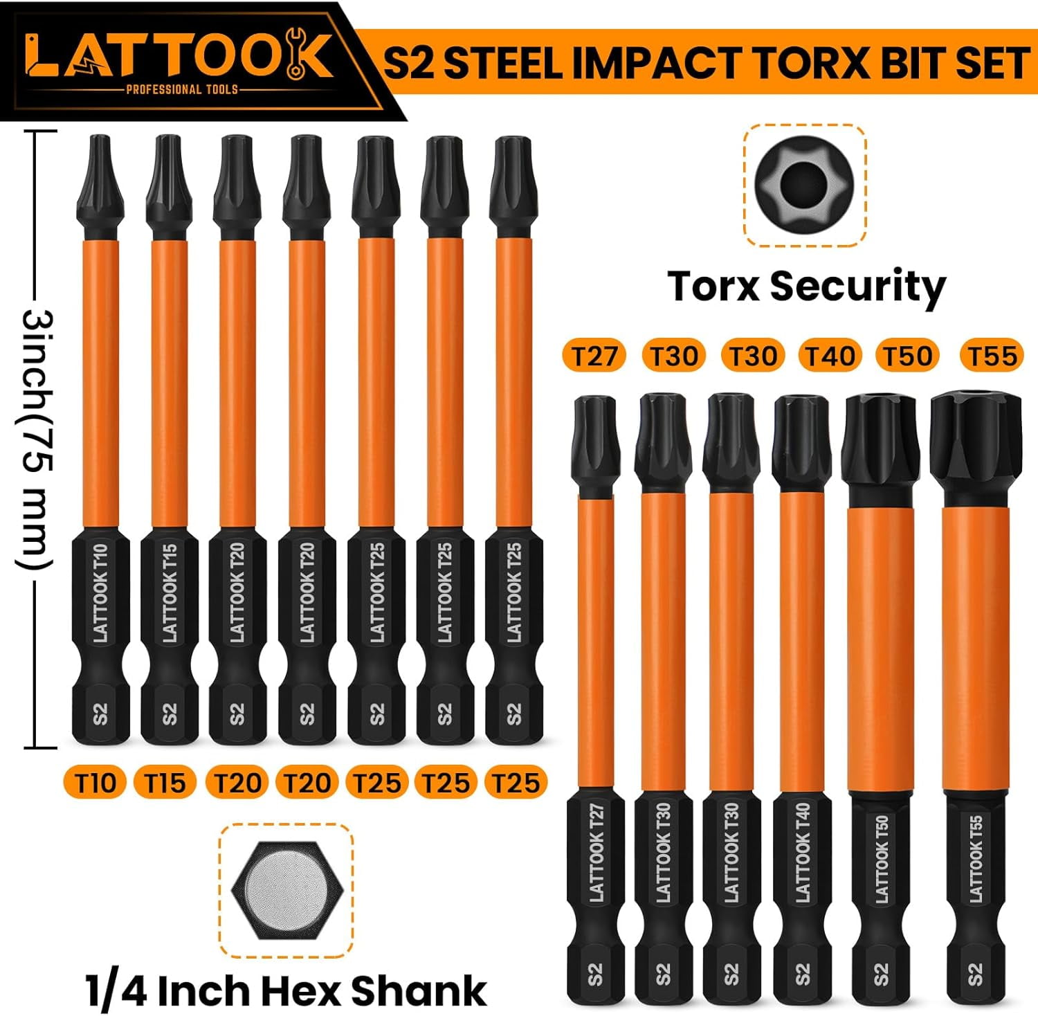 Bates Impact Torx-Bit-Set 13-teilig – TT7 Bis TT40, 7,6 Cm Lang, 6,35 Mm Sechskant – Mit Magnetischem Halter & Koffer