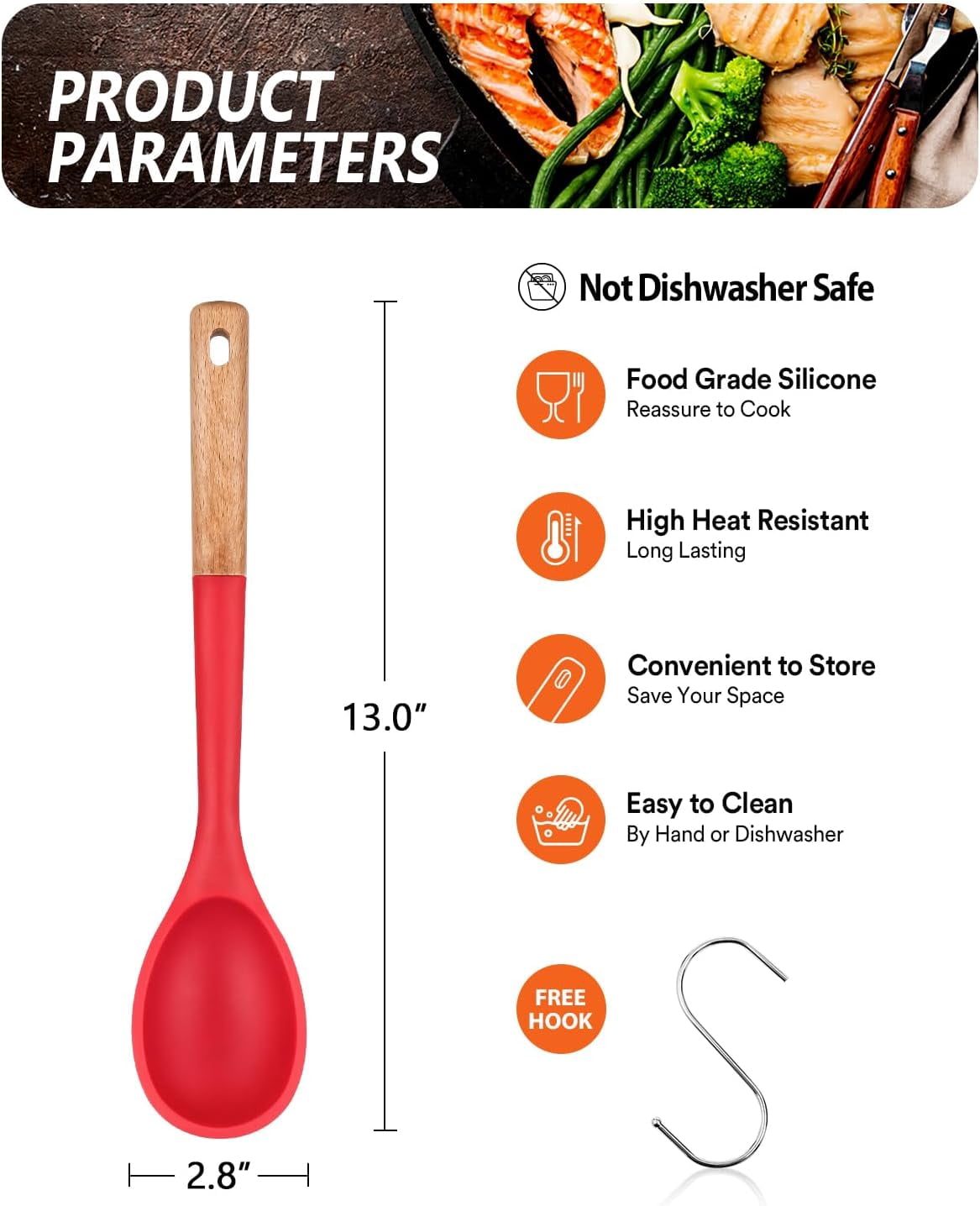 TRA-Large Silicone Cooking Spoons, Nonstick Solid Wooden Handle Spoon ...