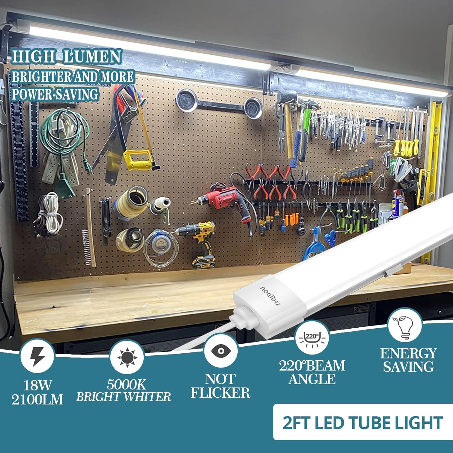 TRA-Plug-in LED Shop Light 2ft, 18W 5000K Bright LED Light Fixture, Waterproof Linkable Utility Tube Lights, Light Bar for Room, Garage, Workbench, Basement, Shed, Warehouse (2 Foot)