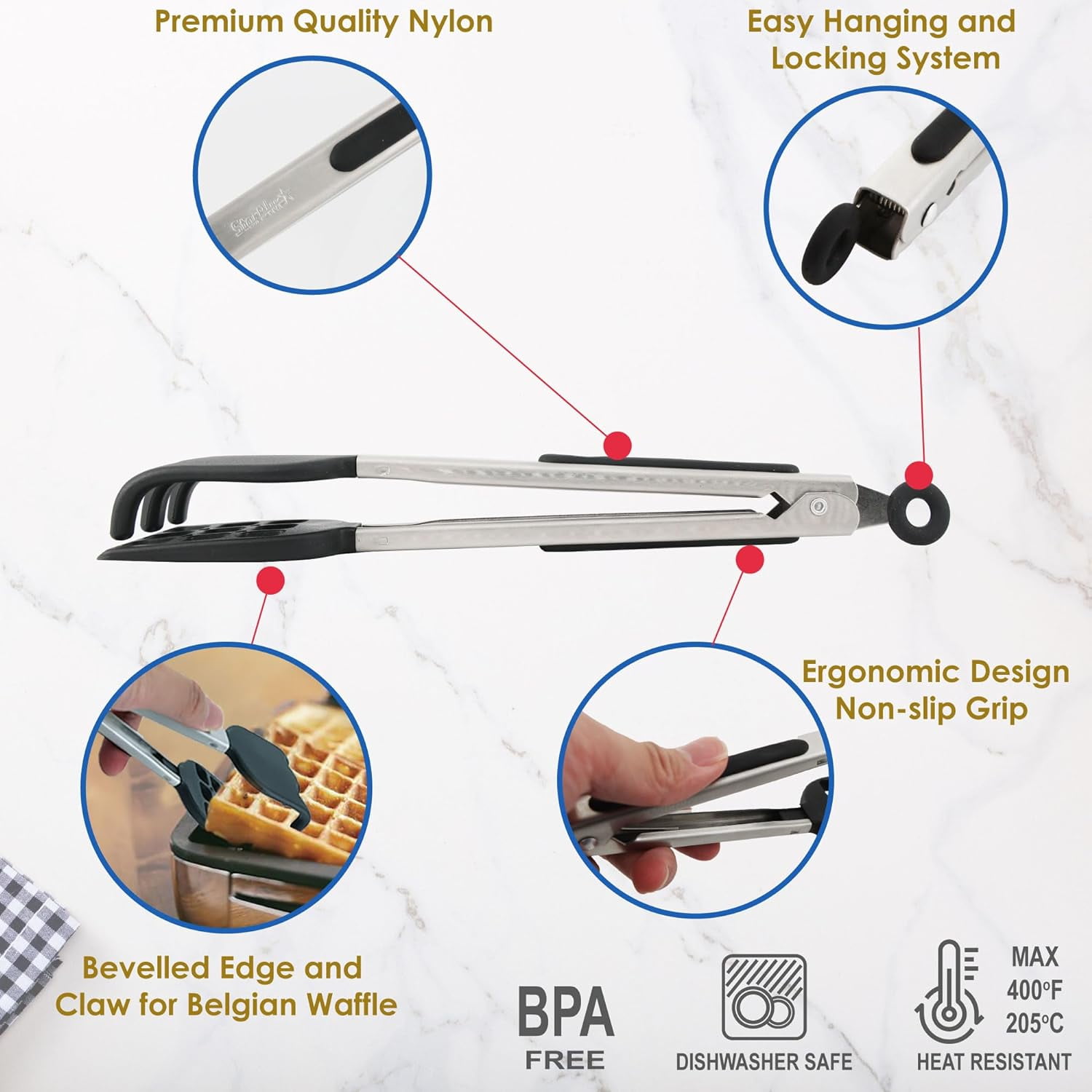 24 Pack Black Plastic Food Tongs - 9 Inch Serving Tongs For Parties, Buffets & Catering