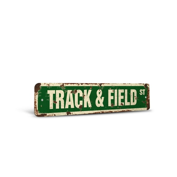 TRACK & FIELD Vintage Style Rustic Street Sign – Hurdling Pole Vault High Jump Retro Decorative Wall Sign for Home, Bar, Garage, or Outdoor Use | 4" X 18" Aluminum Metal Road Sign