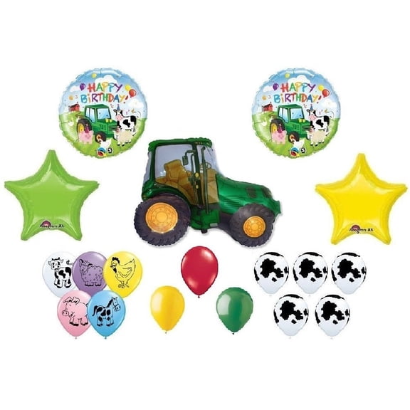 TRACTOR Farm Barnyard Cow Pig Animals 18 Piece Party Mylar & Latex Balloons Set C, (1) 66' Roll of Curling Balloon Ribbon in a coordinating color
