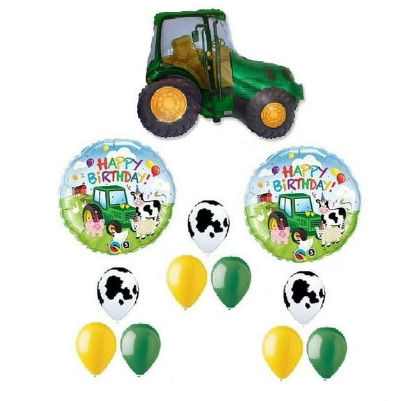 TRACTOR Shape Green Yellow FARM Barn 12 Piece MYLAR & Latex Balloons