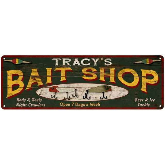 TRACY'S Bait Shop Sign Wood Look Man Cave Den Gift 6x18 Metal 206180024294