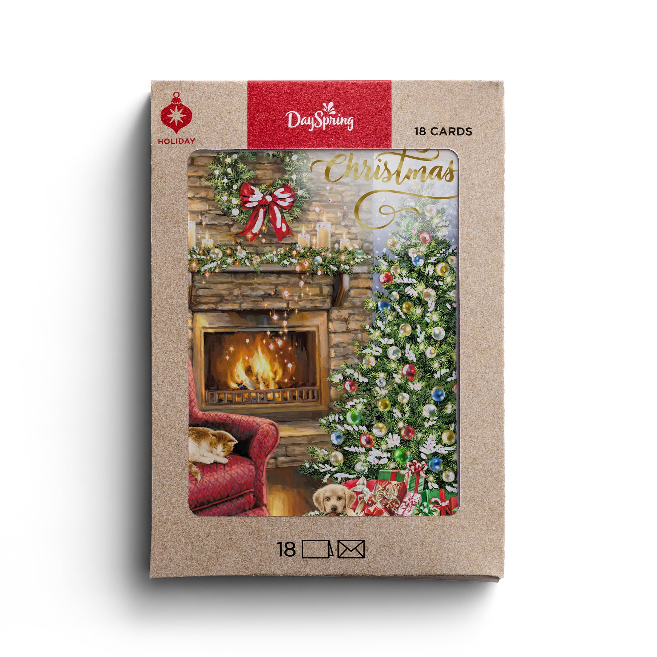2025 DaySpring - Christmas Fireplace - 18 Christmas Cards in a Kraft box