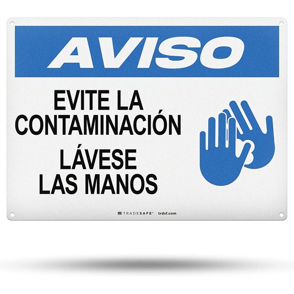 TRADESAFE EVITE LA CONTAMINACIÓN, LÁVESE LAS MANOS Wash Hands Sign, Wall Signs, 14” x 10”, 40 Mil Aluminum Notice Sign