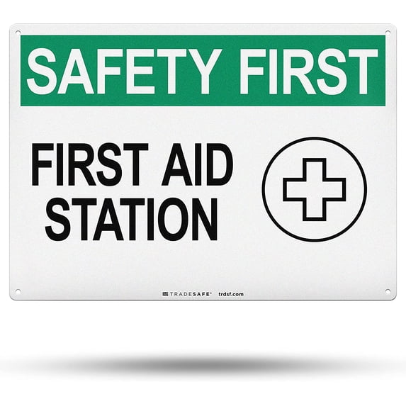 TRADESAFE First Aid Sign, Safety First Wall Signs, 14” x 10”, 40 Mil ...