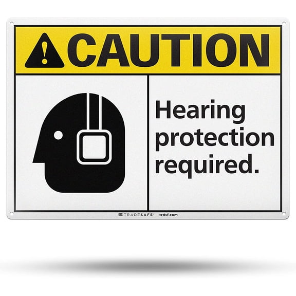 TRADESAFE Hearing Protection Equipment Required Sign, 14” x 10”, 40 Mil Aluminum Wall Caution Signs