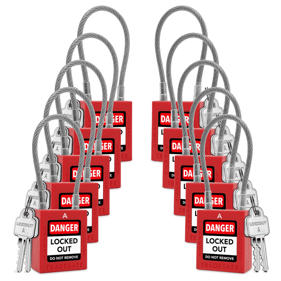 TRADESAFE Lockout Tagout Cable Locks, Red Keyed Alike Unlimited Cable Lock, 10 Pcs, 2 Keys Per Lock