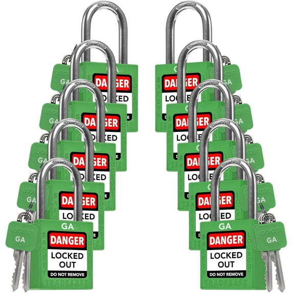 TRADESAFE Lockout Tagout Locks, Green Keyed Alike Unlimited Grouping LOTO Locks, 10 pcs, 2 Keys Each