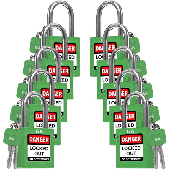 TRADESAFE Lockout Tagout Locks, Green Keyed Alike Unlimited Grouping LOTO Locks, 10 pcs, 2 Keys Each