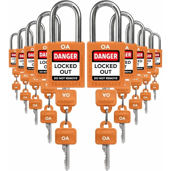 TRADESAFE Lockout Tagout Locks, Orange Keyed Alike Unlimited Grouping LOTO Locks, 10 pcs, 2 Keys Each