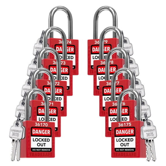 TRADESAFE Lockout Tagout Locks, Red Nylon Keyed Different LOTO Padlocks, 10 Pcs, 2 Keys per Lock